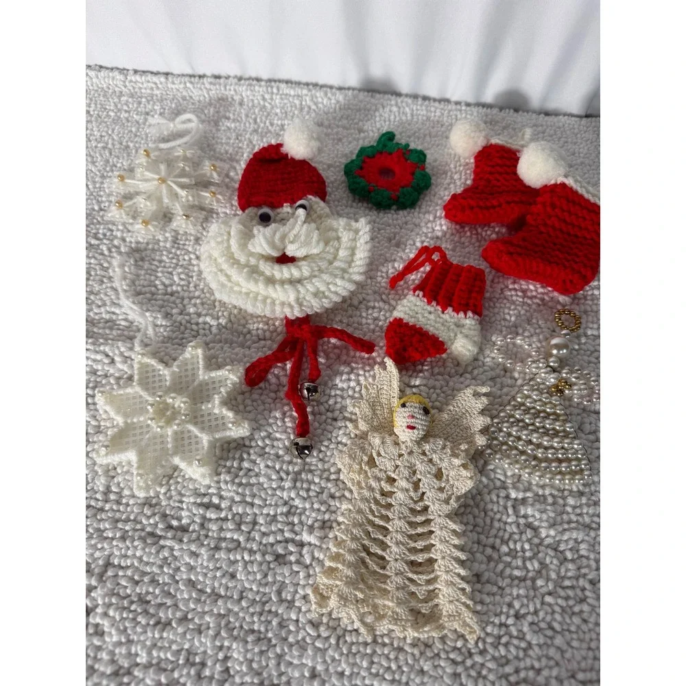 VTG Handmade Crochet Christmas Ornaments 9 pc Lot Santa‎ Boots Angel Snowflake